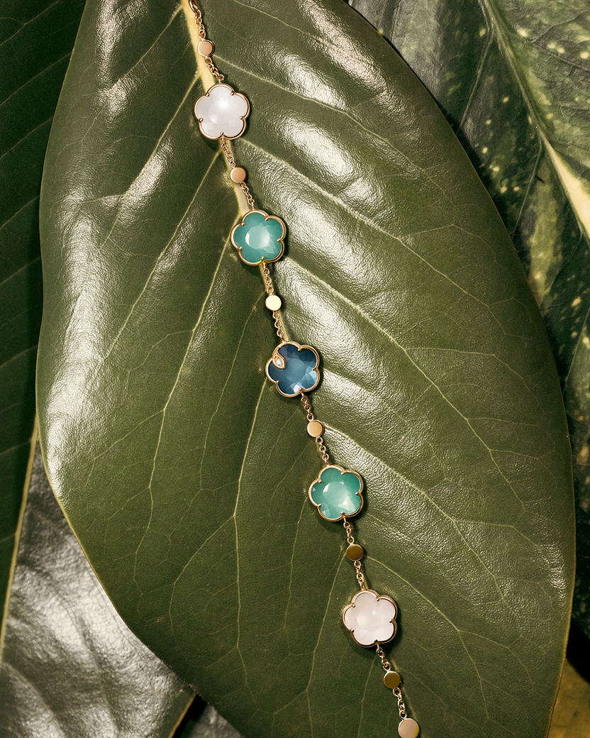 Pasquale Bruni Petit Joli floral bracelet photographed on a green leaf
